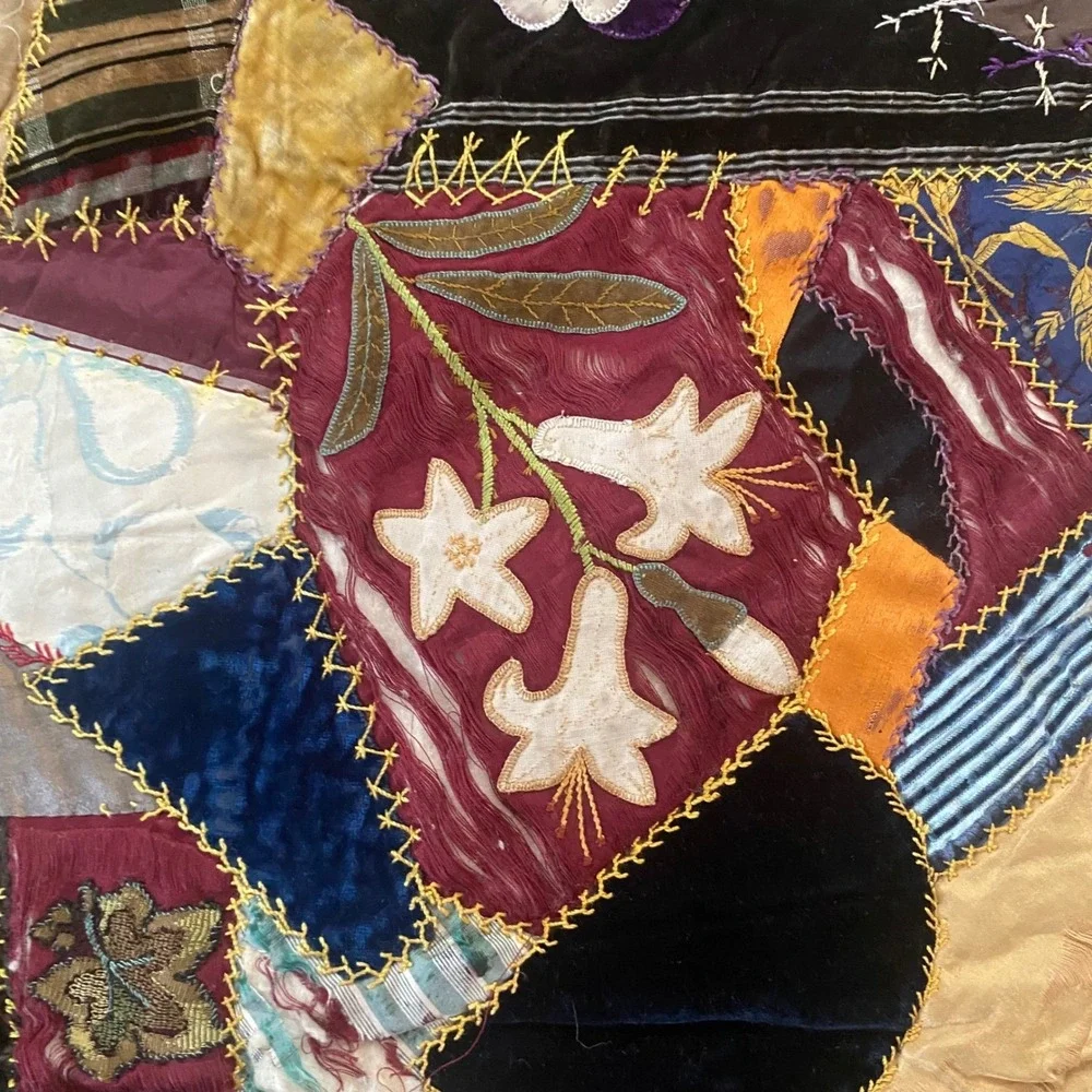 Antique Victorian Crazy Quilt Hand Embroidered Silk Velvet Patchwork Red Damaged